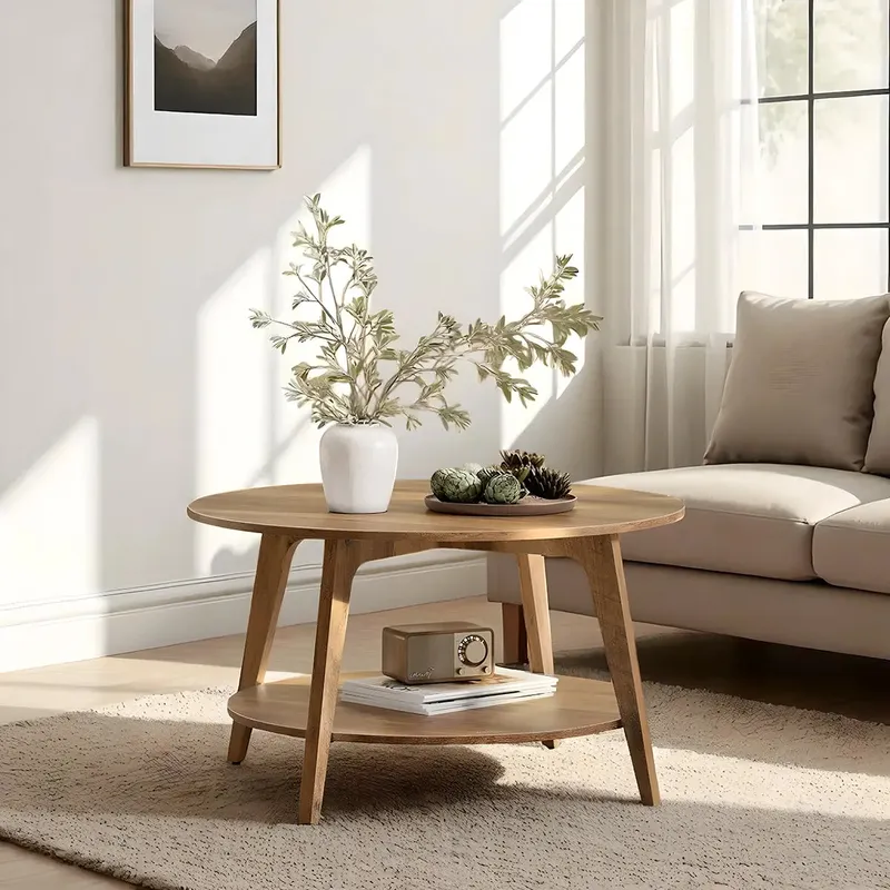 Round Wooden Coffee Table – Minimalist 2-Tier Design