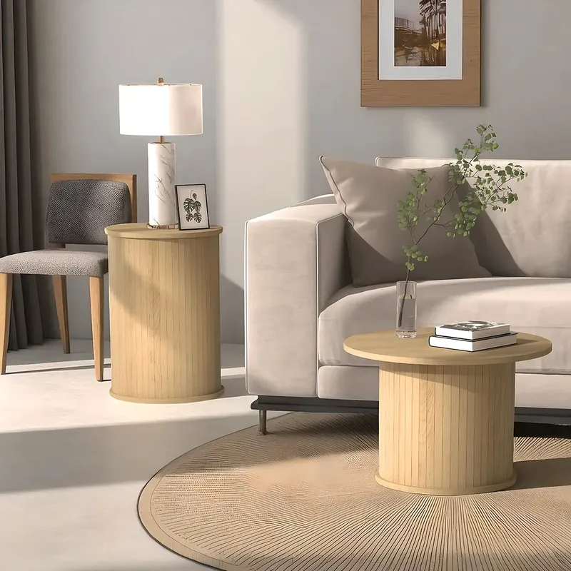 Round Wooden Coffee Table Set – Large 55cm & Small 38cm