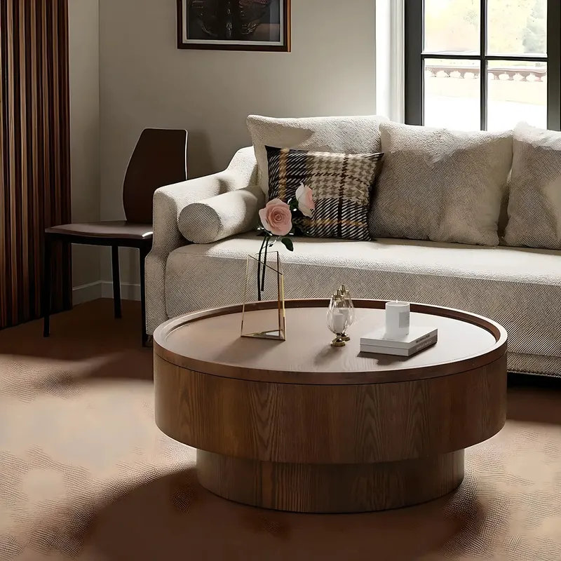 Round Wooden Coffee Table – Hidden Storage Shelf